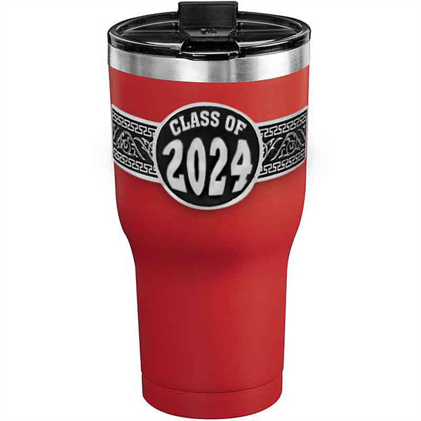 A customized tumbler made of stainless steel with a personalized engraved Class of 2024 lettering, 30 oz, ideal for coffee or cool drinks